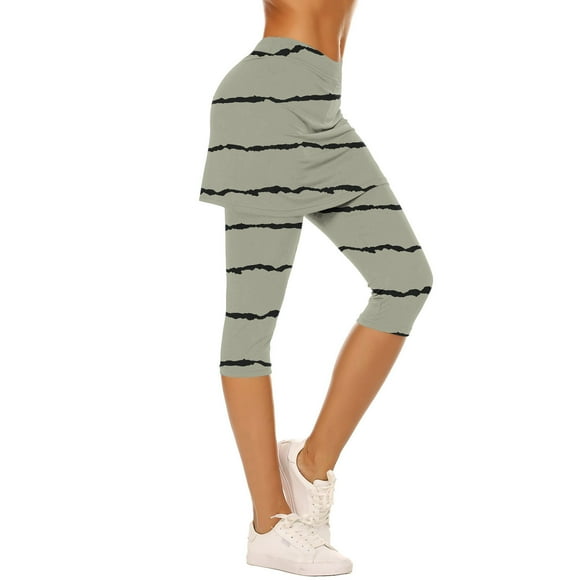 Summer Savings! QATAINLAV Womens Striped Capri Leggings with Skirt High Waist Athletic Workout Yoga Skorts Stretch Running Fitness Capris Activewear Gray S