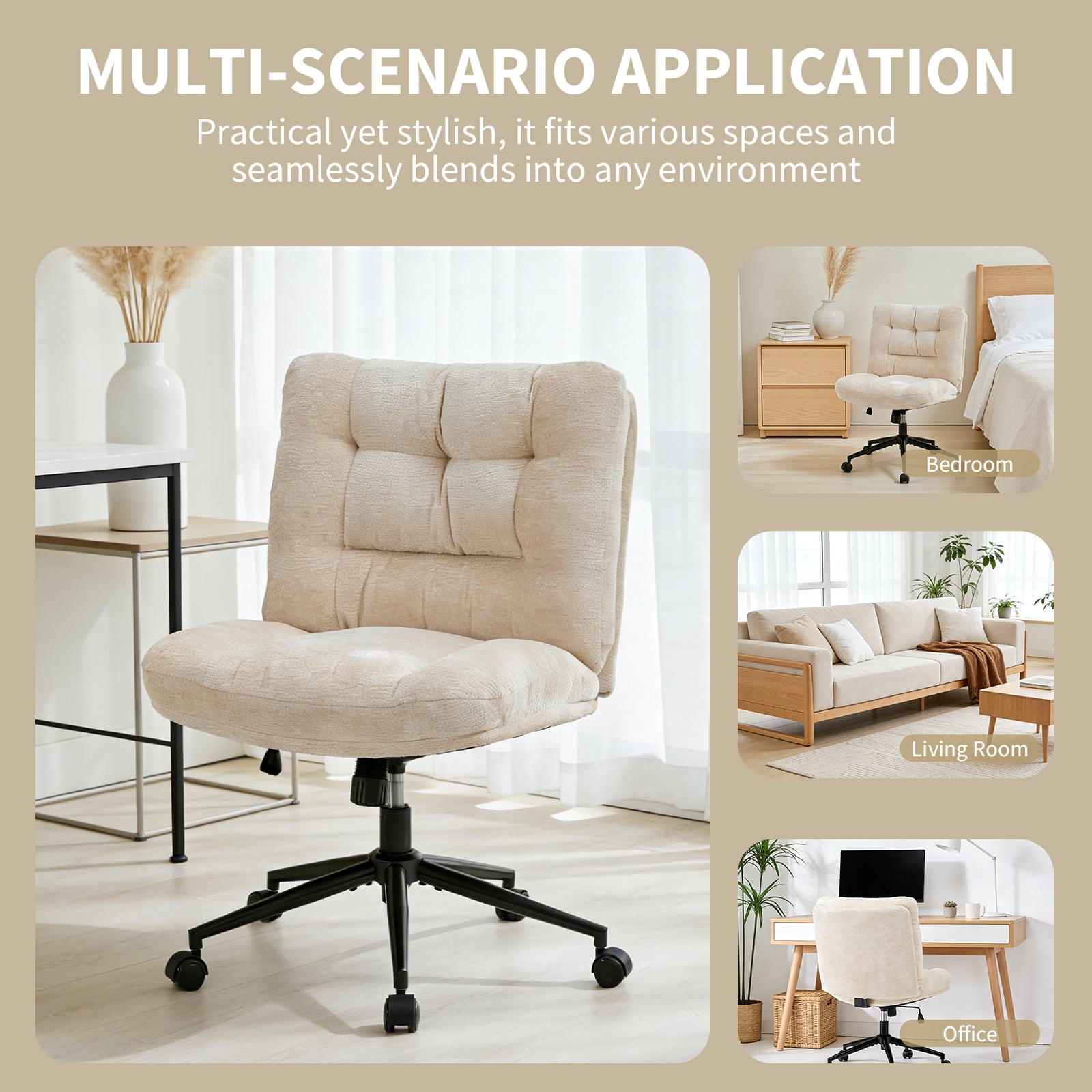 Soft Chenille Cross-Legged Office Chair,Wide Seat Armless Desk Chair with Double Cushion, Swivel Adjustable Vanity Chair for Bedroom, Home Office, White,EliteEdge