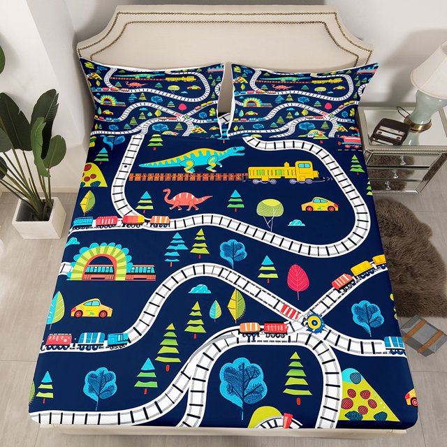 Erosebridal Cartoon Train Fitted Sheet Set Full, Railroad Line Bedding Full Size, Tree Plant Decor 3-Piece(No Top Sheet)
