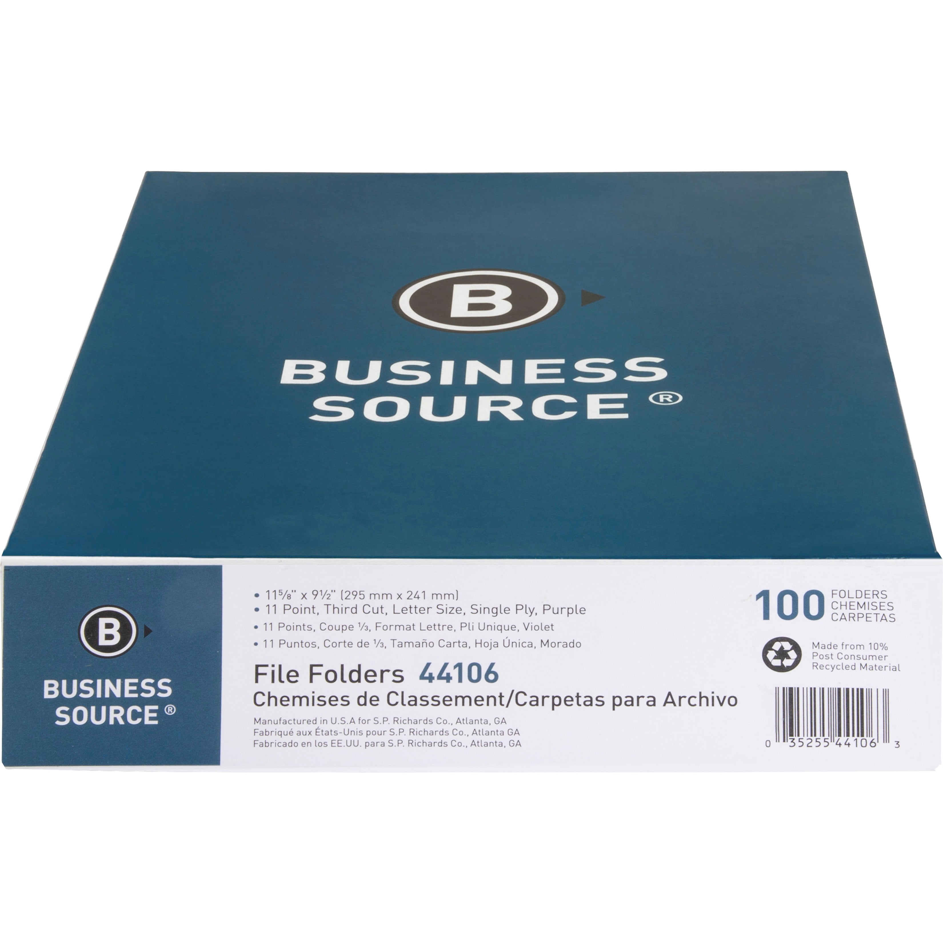 Business Source, BSN44106, 1-ply Tab Colored File Folder, 100 / Box, Purple