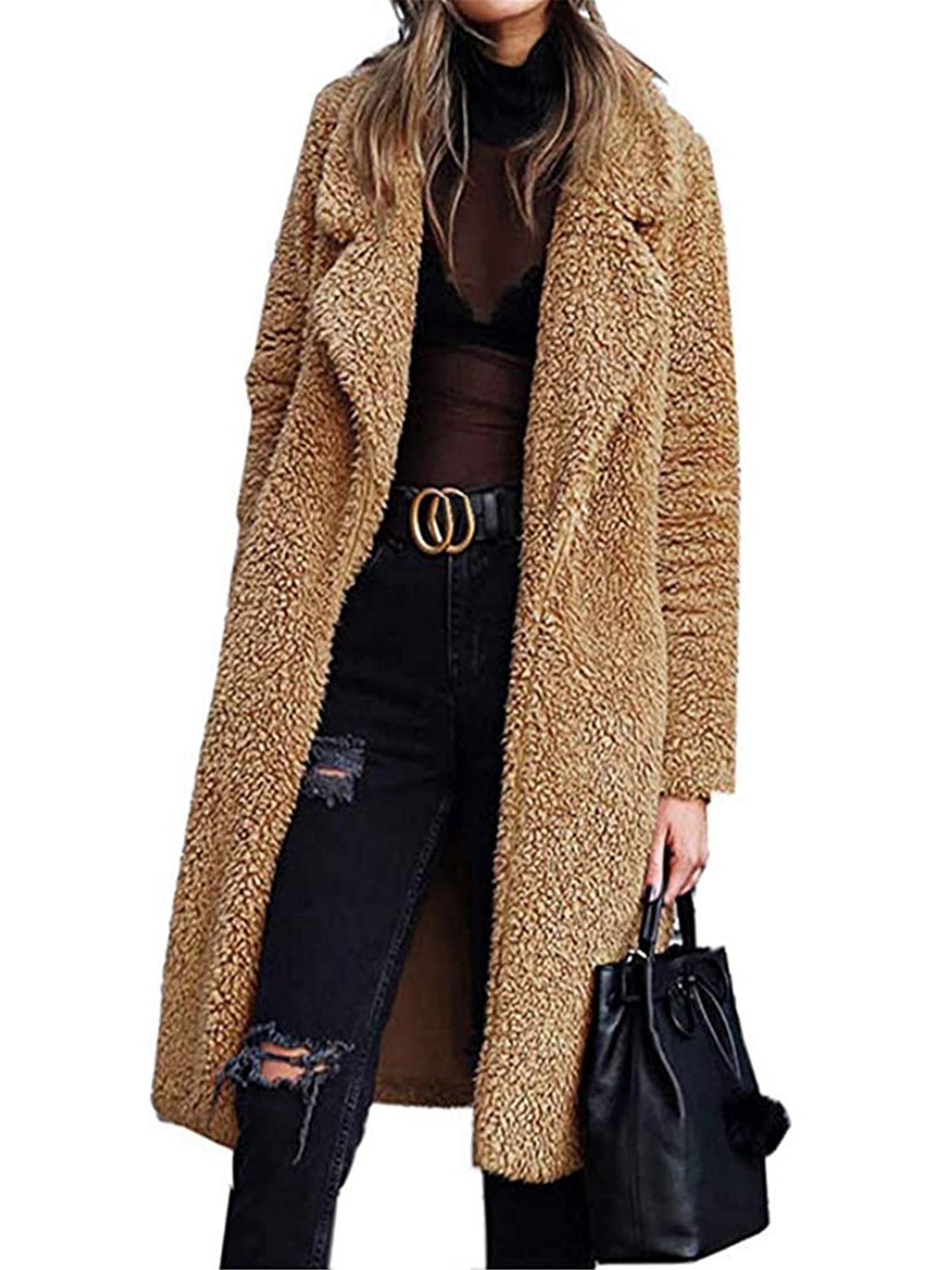AiYannis6 Women Winter Warm Lapel Long Fluffy Faux Fur Cloak Sweater Cardigan Overcoat Jacket Coat Midi-Length Outerwear 