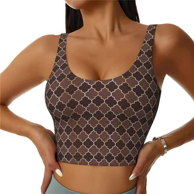 Fotbe Brown Gold Grid Sujetador Deportivo Largo sin Aros para Mujer con Almohadillas y Soporte Medio, Transpirable y Absorbente, Camiseta Tipo Chaleco o Tank Top-Small