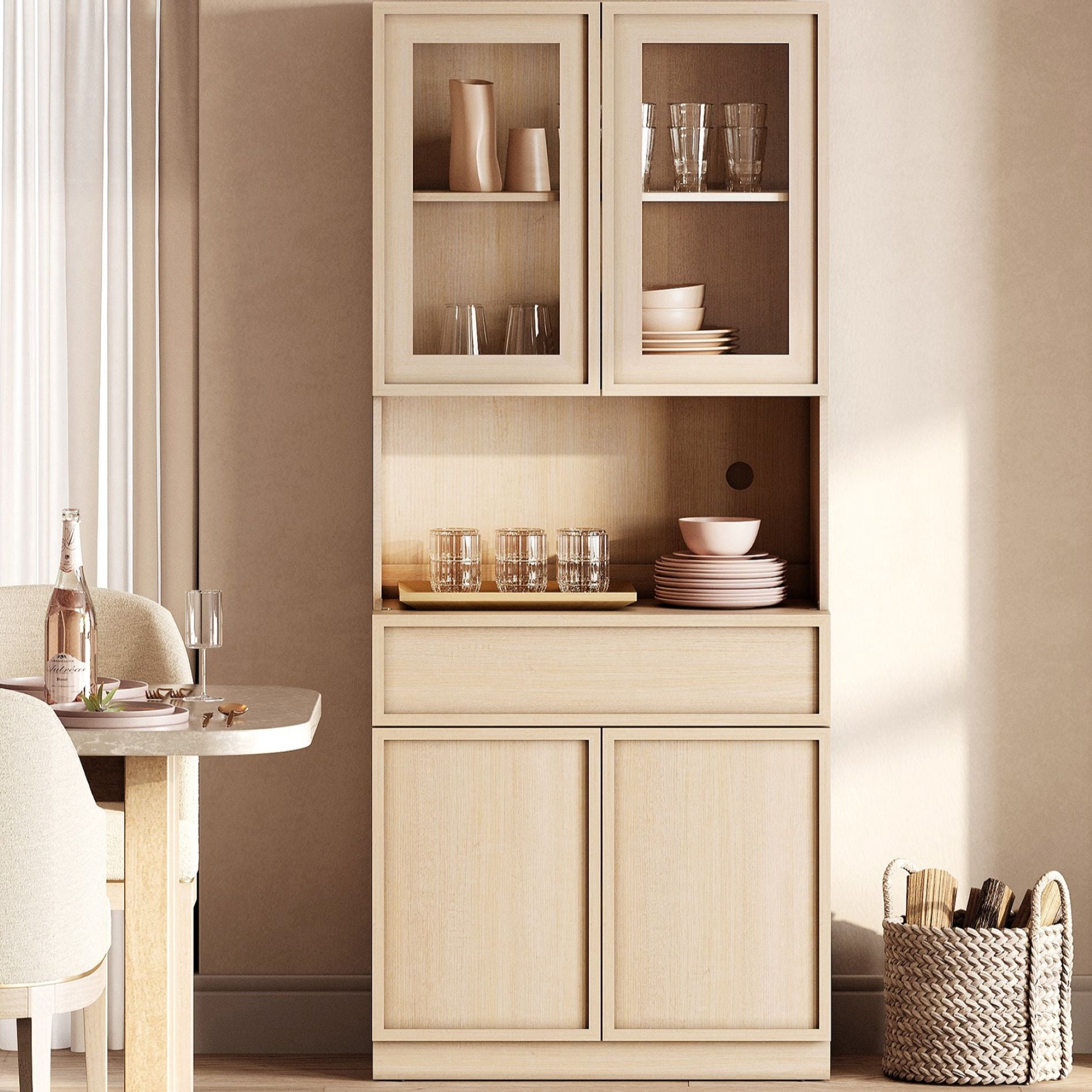 Modern Wood Sideboard Buffet with Glass Doors, Drawers & Adjustable Shelves, 72" Tall Glass Display Storage Cabinet,Beige