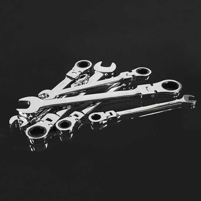 Amdohai Inner Hexagon Wrench Open Spanner Explosion-proof Flexible Tool Ratchet Wrench CR-V72. A set of silver chrome vanadium steel wrenches with a mirror finish, featuring 72-teeth ratchet gears and 180-degree pivoting flex heads for accessing hard-to-reach bolts. Includes multiple sizes ranging from 8mm to 24mm, ideal for professional or home use in tight spaces.