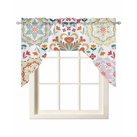 White Boho Swag Valances for Windows, Small Curtains Drapes, Retro Ethnic Colorful Flower Aesthetic Art Kitchen Window Curtains Over Sink Window Treatment Valance for Bedroom/Bathroom 56"x36"