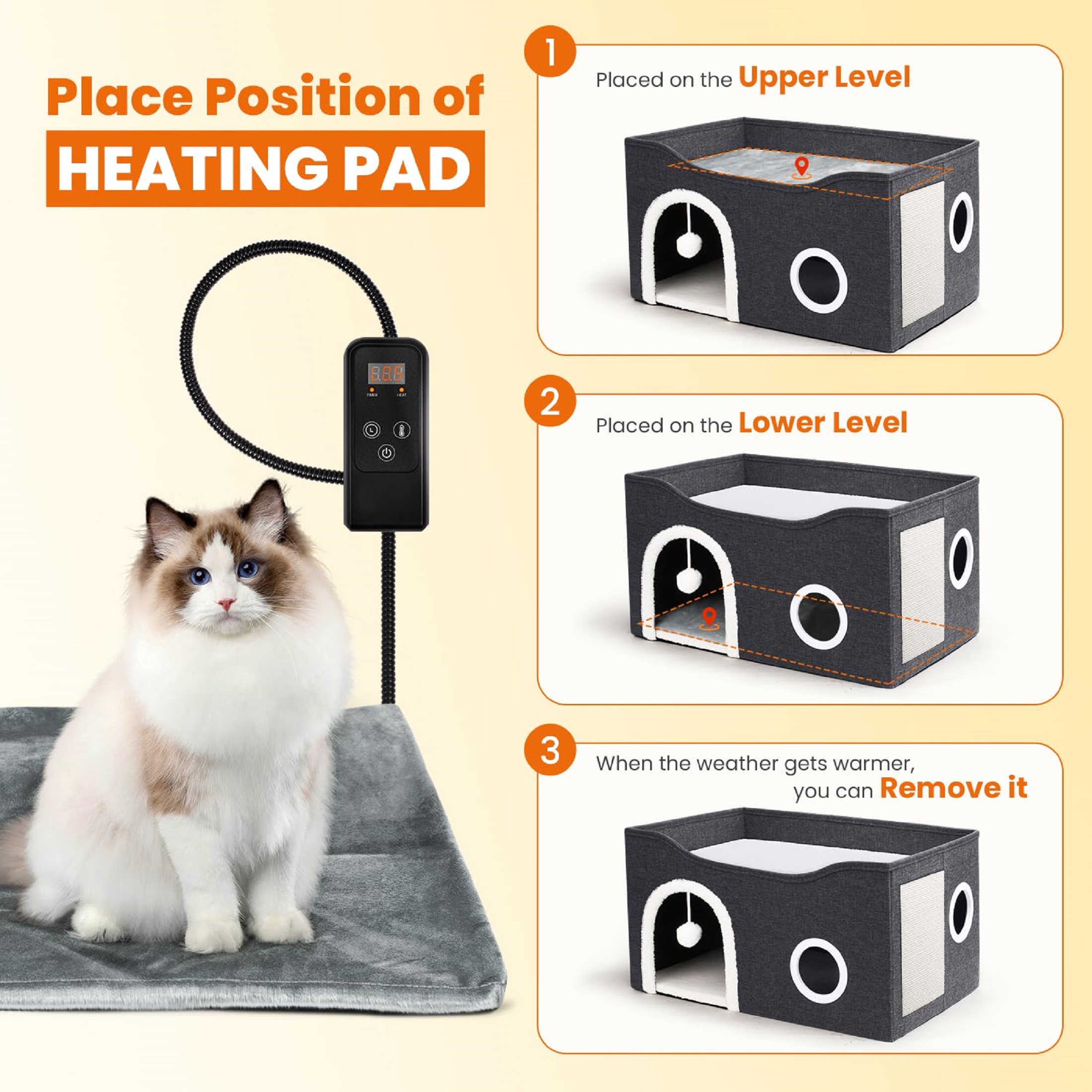 Niubya Heated Adjustable Temperature Large Indoor Cat House with Heating Pad, Black