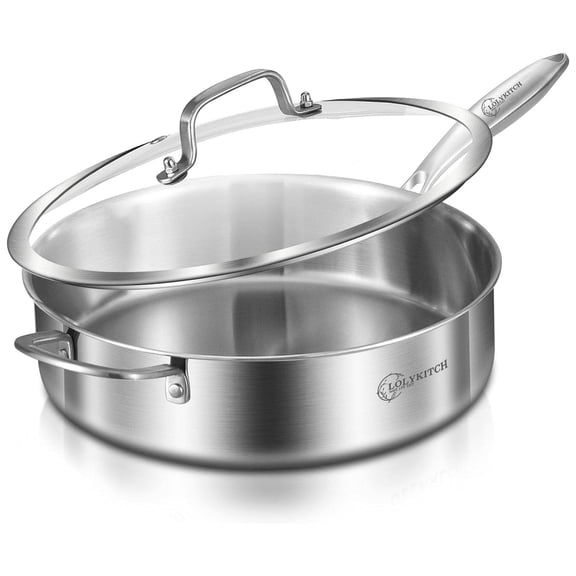 LOLYKITCH Tri-ply Stainless Steel 6QT Sauté Pan with Lid,12 inch Deep Frying Pan,Jumbo Cooker,Dishwasher and Oven Safe,Detachable Handle.