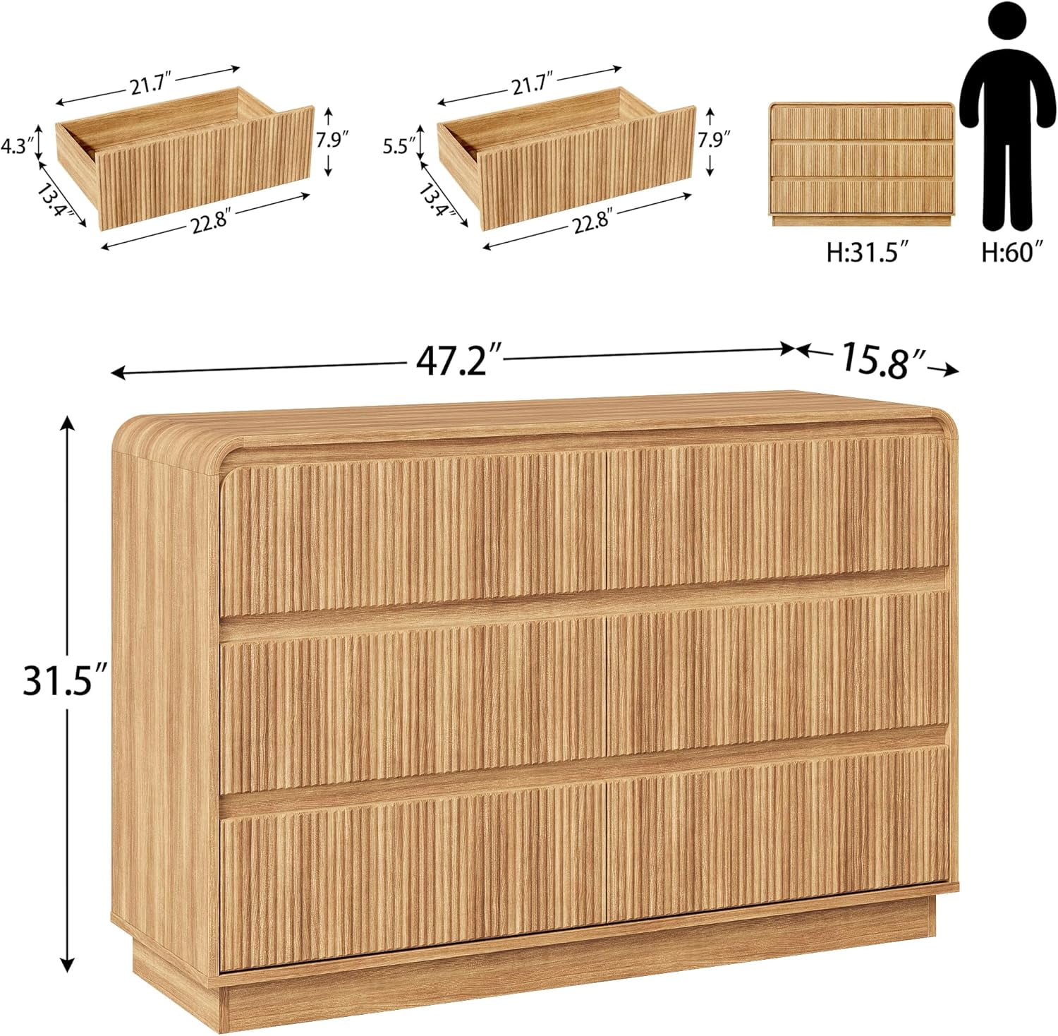 Pipleo 48" Fluted 6-Drawer Dresser, Handleless Wooden Chest with Curved Design for Bedroom & Living Room, Natural Oak