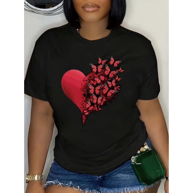 Women'S Casual Crew Neck T-Shirt with Love Heart Butterfly Print, Polyester Knit Fabric, Regular Length, 180gsm - Spring/Summer Fashion Top