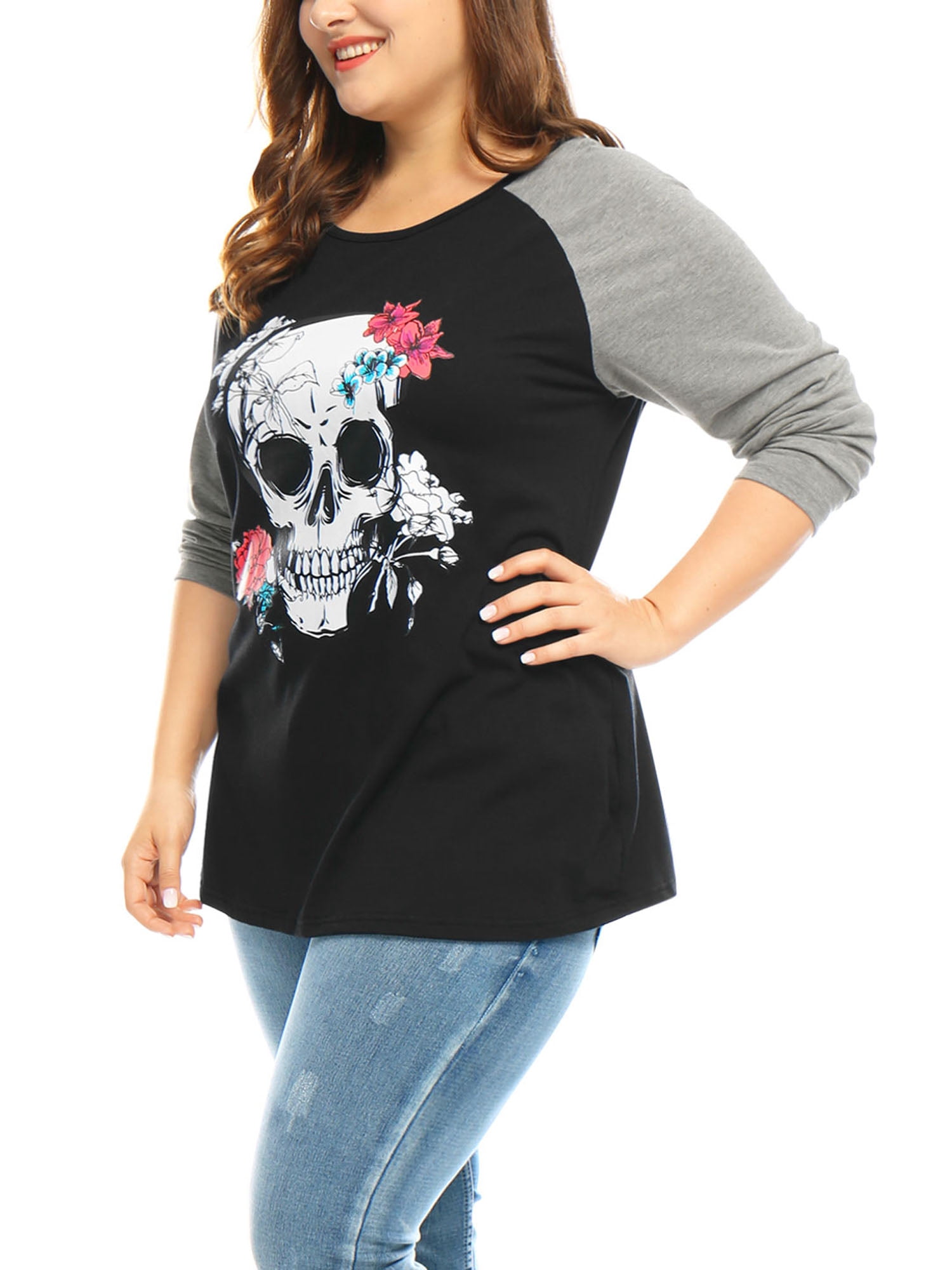 Unique Bargains Women's Plus Long Sleeve Scoop Neck Floral Skull Tops 1X Black