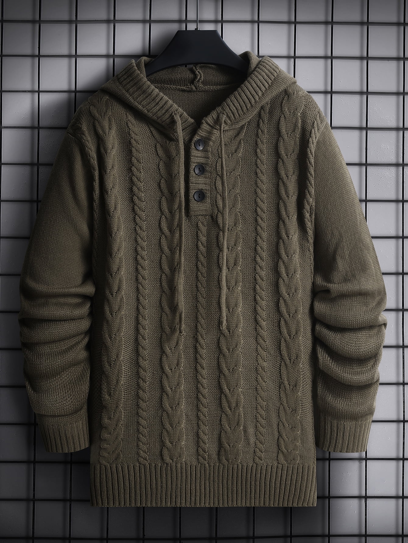 Men Cable Knit Drawstring Hooded 