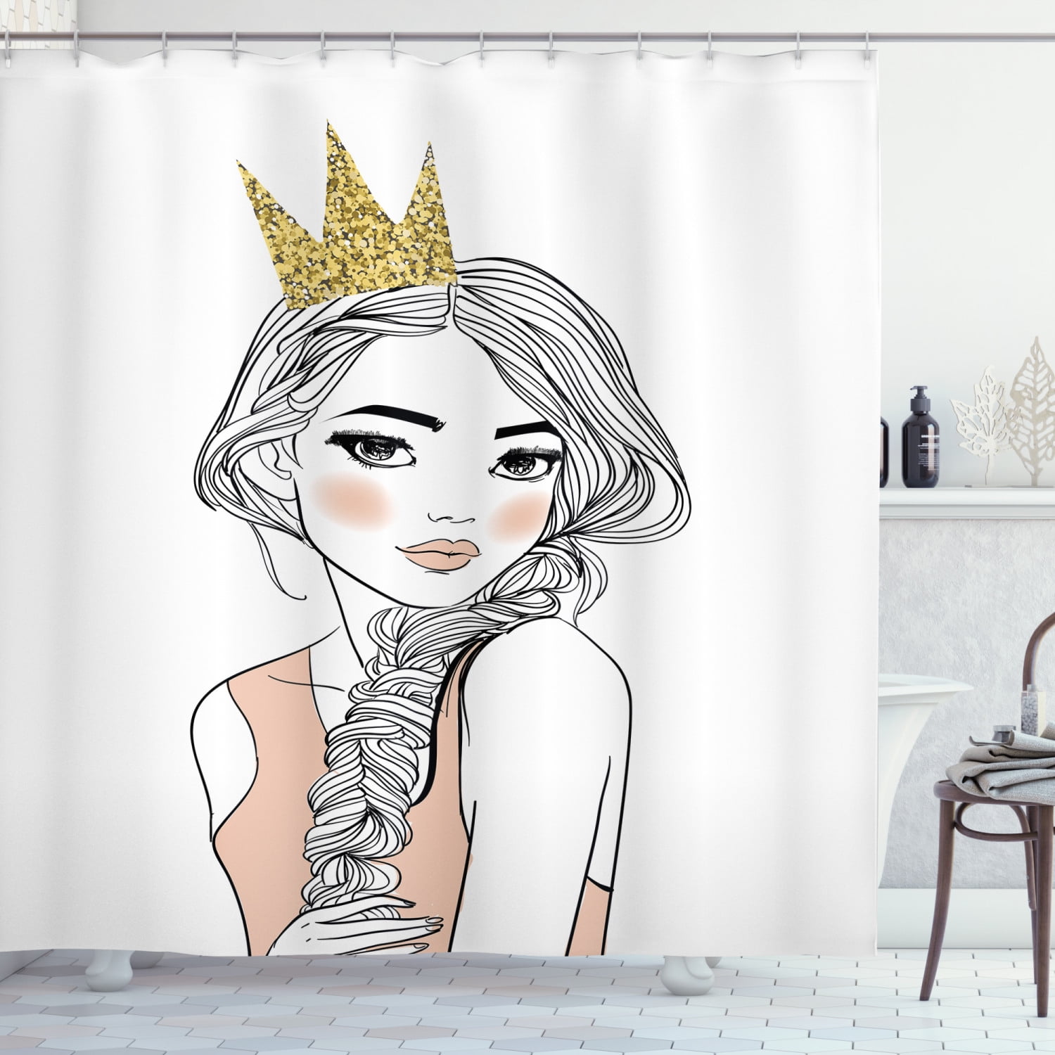 Sketch Shower Curtain, Young Girl in a Crown with Braided Hair, Fabric Bathroom Set with Hooks, 69W X 70L Inches, White Pale Peach, by Ambesonne