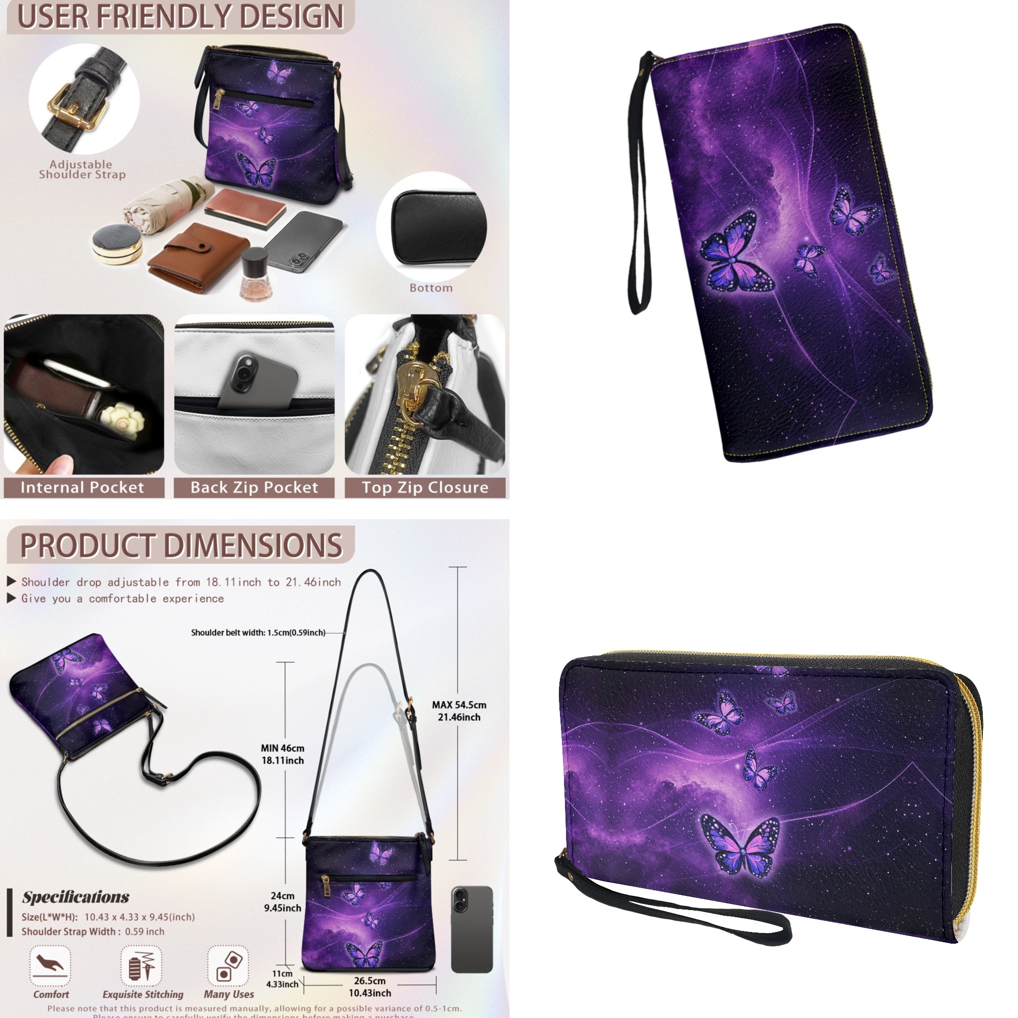 ZUXONGSY Butterfly Galaxy Print Leather Crossbody Handbag & Wallet Set for Women, Spacious Multi-Pocket Satchel with Adjustable Strap for Travel & Work