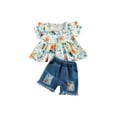 thumbnail image 2 of ITFABS Girls Flower Print Flying Sleeve Tops + Denim Shorts Set, 2 of 7