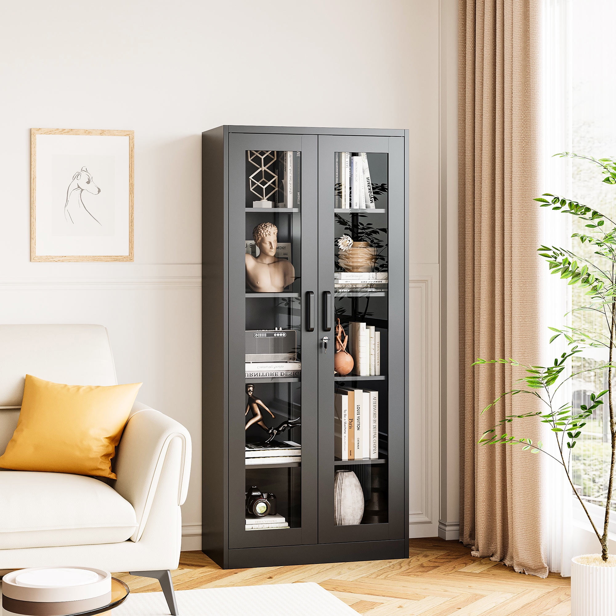 STANI 71"H Metal Glass Display Cabinet, 4 Adjustable Shelves,Lockable Storage Cabinets with Tempered Glass Door, for Home Office Pantry Bathroom,Black