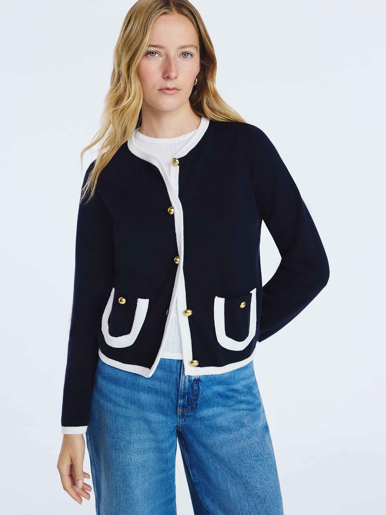 Free Assembly Women's Tipped Patch Pocket Cardigan Sweater, Lightweight, Sizes XS-XXL