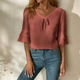 thumbnail image 3 of qucoqpe Blouses for Women Dressy Casual Tie Front Short Ruffle Sleeve Boho Tops Summer Fashion V Neck Loose Fit T-Shirt, 3 of 9