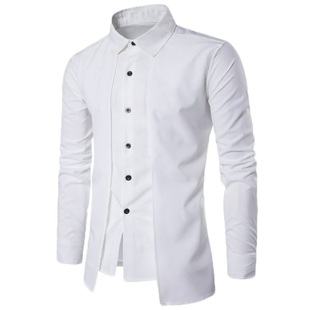 Blusa y camisa de manga larga con cuello vuelto para hombre, color liso, ajustada, falsa, dos personalizada, doble frente, camisa de manga larga con solapa, blusa para hombre