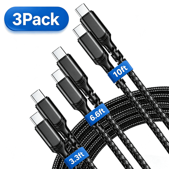 USB C to USB C Cable, 3-Pack Braided 100W Fast Charging Cable [3.3FT 6.6FT 10FT], Type C Charger Cord for iPhone 17 16 15, Samsung S26 S25 Ultra, MacBook, iPad and More