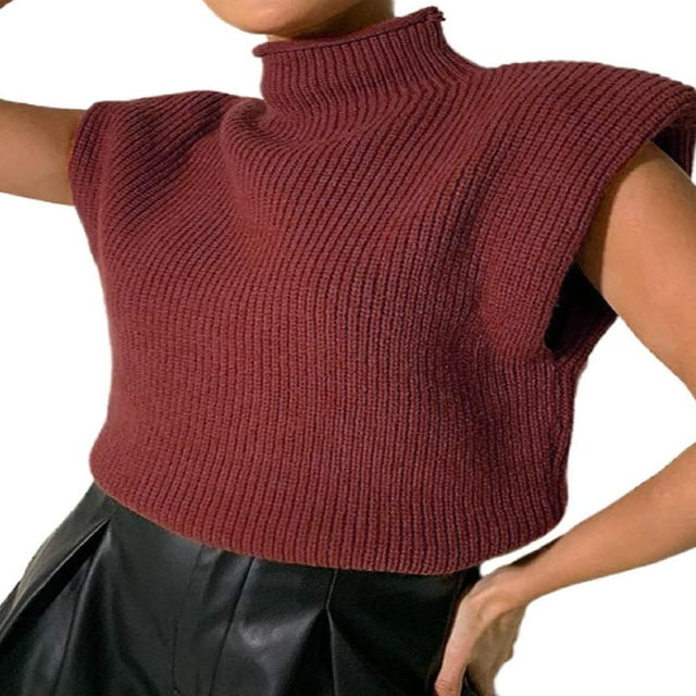 PENGXIANG Femmes Manches Courtes Haut Col Haut Confortable Élégant Gilet Pull