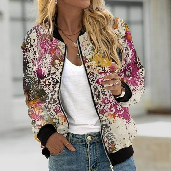 VINUSLI Womens Floral Printed Bomber Jacket,Women's Bomber Jacket Casual Zip Up Fall Coat Long Sleeve Windbreaker Lightweight Loose Fall Jackets with Pockets Multicolor,S