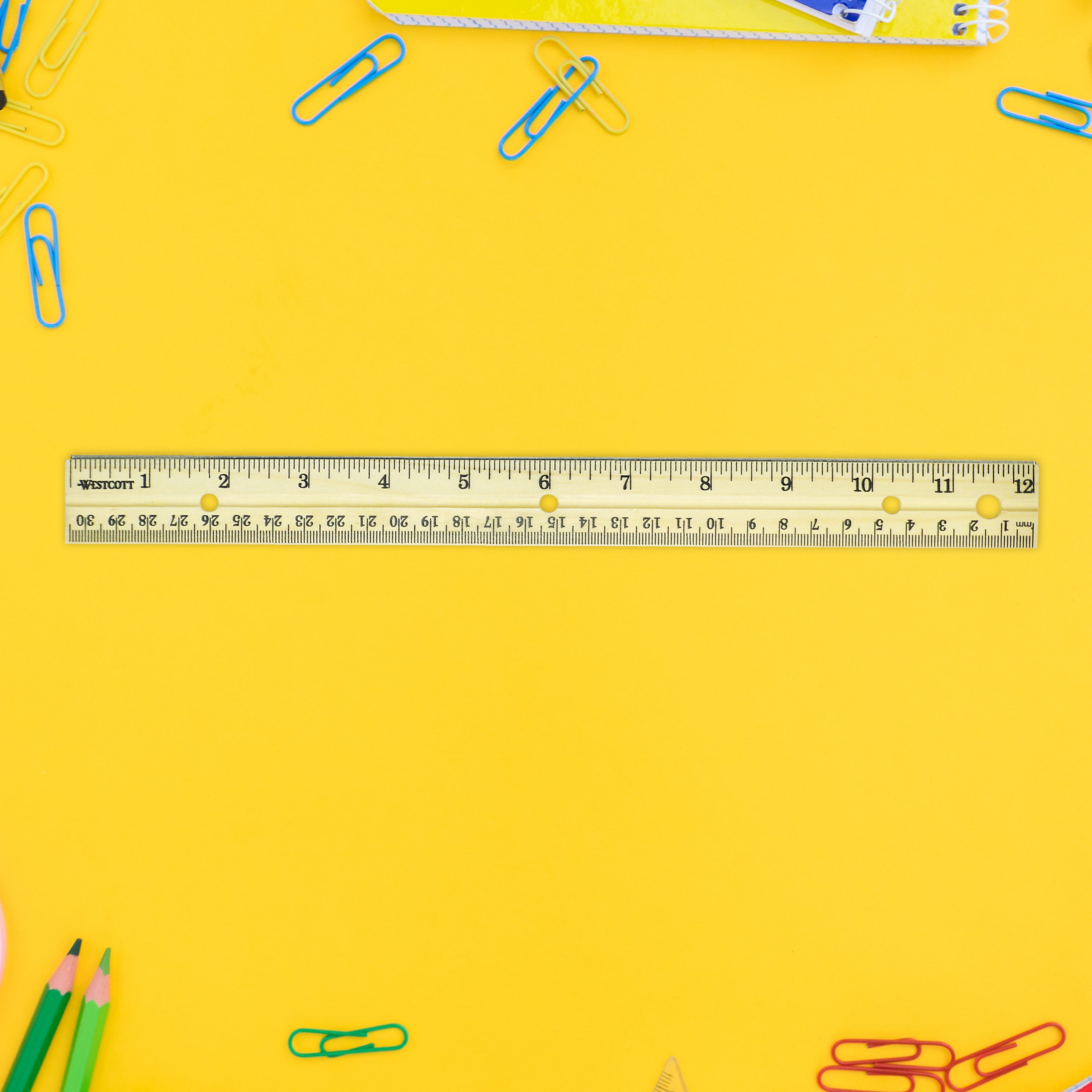 Westcott 12" Hole Punched Wood Standard Ruler, English/Metric, Metal Edge, High School, for Office, 1-Count