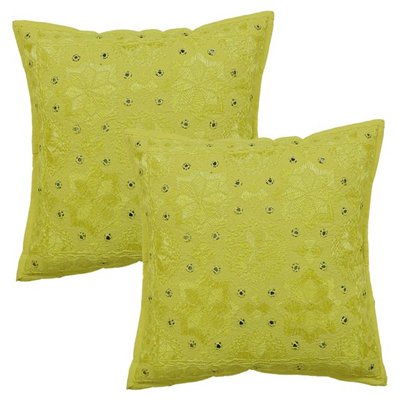 Stylo Culture Ethnic Chair Seat Throw Pillow Covers 16x16 Hand Embroidered Lemon Yellow Boho 40cm x 40cm Home Decor Cotton Mirrored Square Cushion Covers | Set Of 2