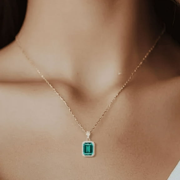 Green Emerald Necklace Halo Diamond Pendant Necklace in 925 Sterling Silver - Bridal Wedding Necklace - May Birthstone Necklace - Free 18'' inch Chain