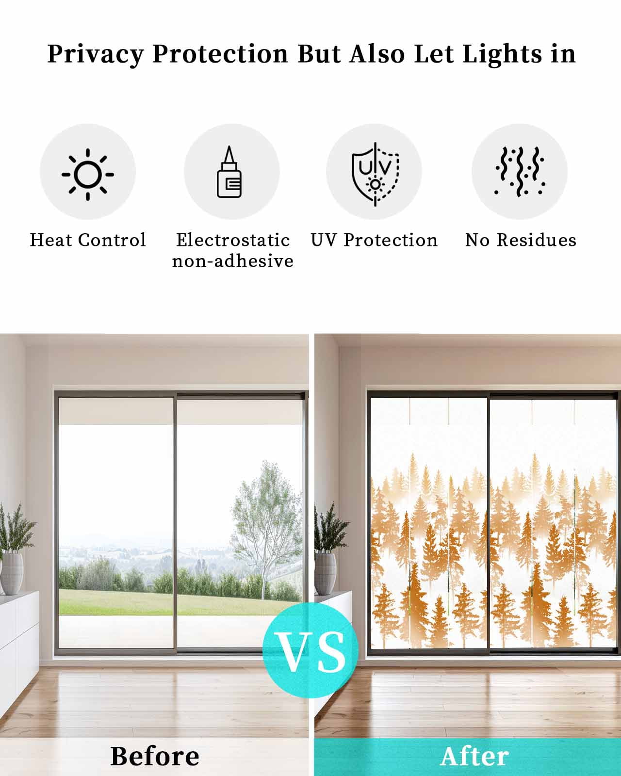 Window Privacy Film, Burnt Orange Forest UV Sun Blocking Window Tint Film Heat Control One Way Blackout Window Film, Modern Abstract Silhouette Art Non Adhesive Static Cling Sticker 29.5x78.7 In