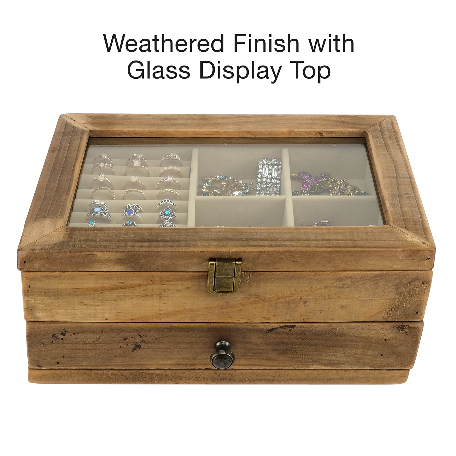 Excello Global Products Jewelry Box: Farmhouse Solid Wood Rustic Distressed Jewelry Organizer. Includes Glass Window and Storage Drawer. - EGP-HD-0404
