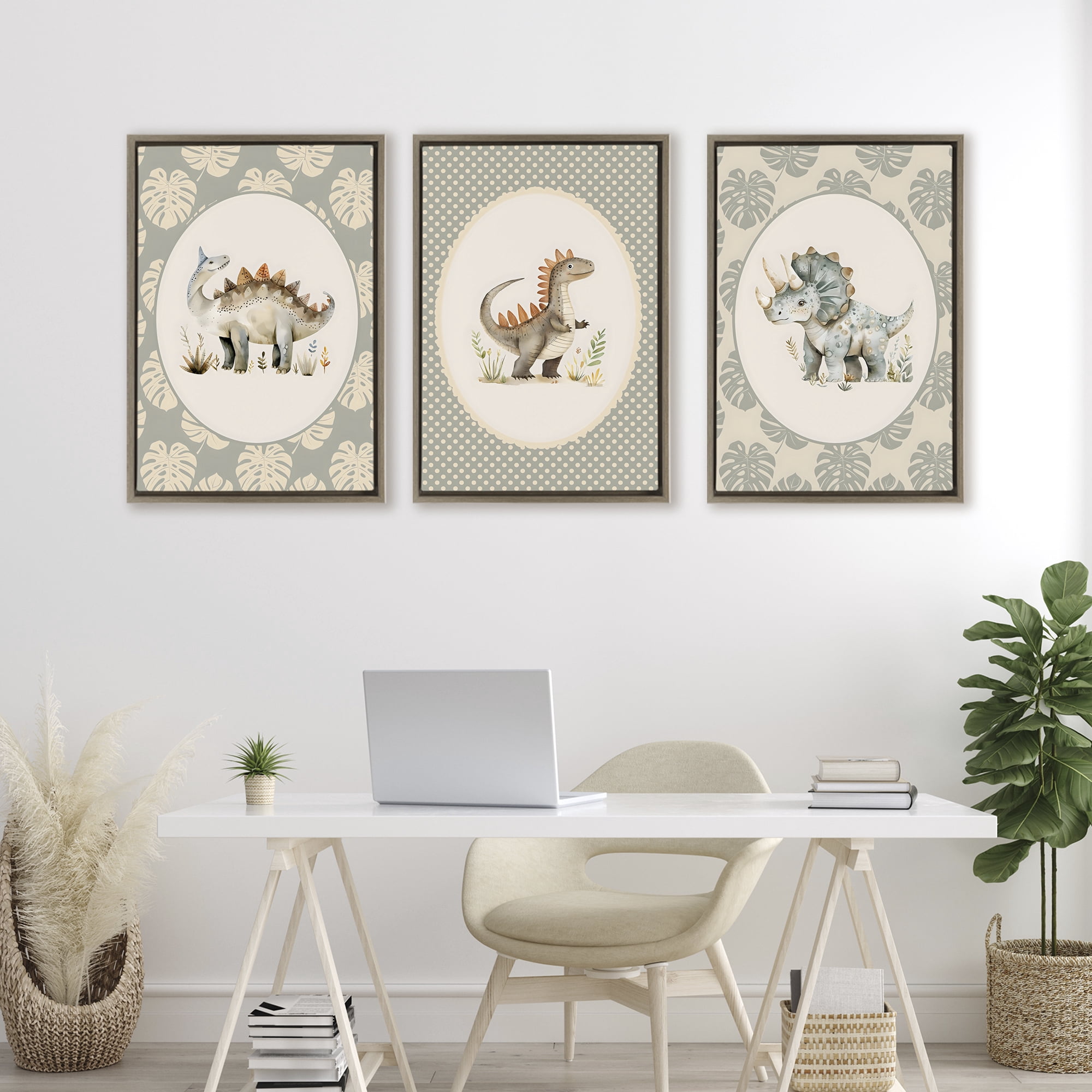 Stupell Industries Nursery Dinosaurs Tropical Border 3 Piece Brown Framed Floater Canvas Set, design by LSR Design Studio