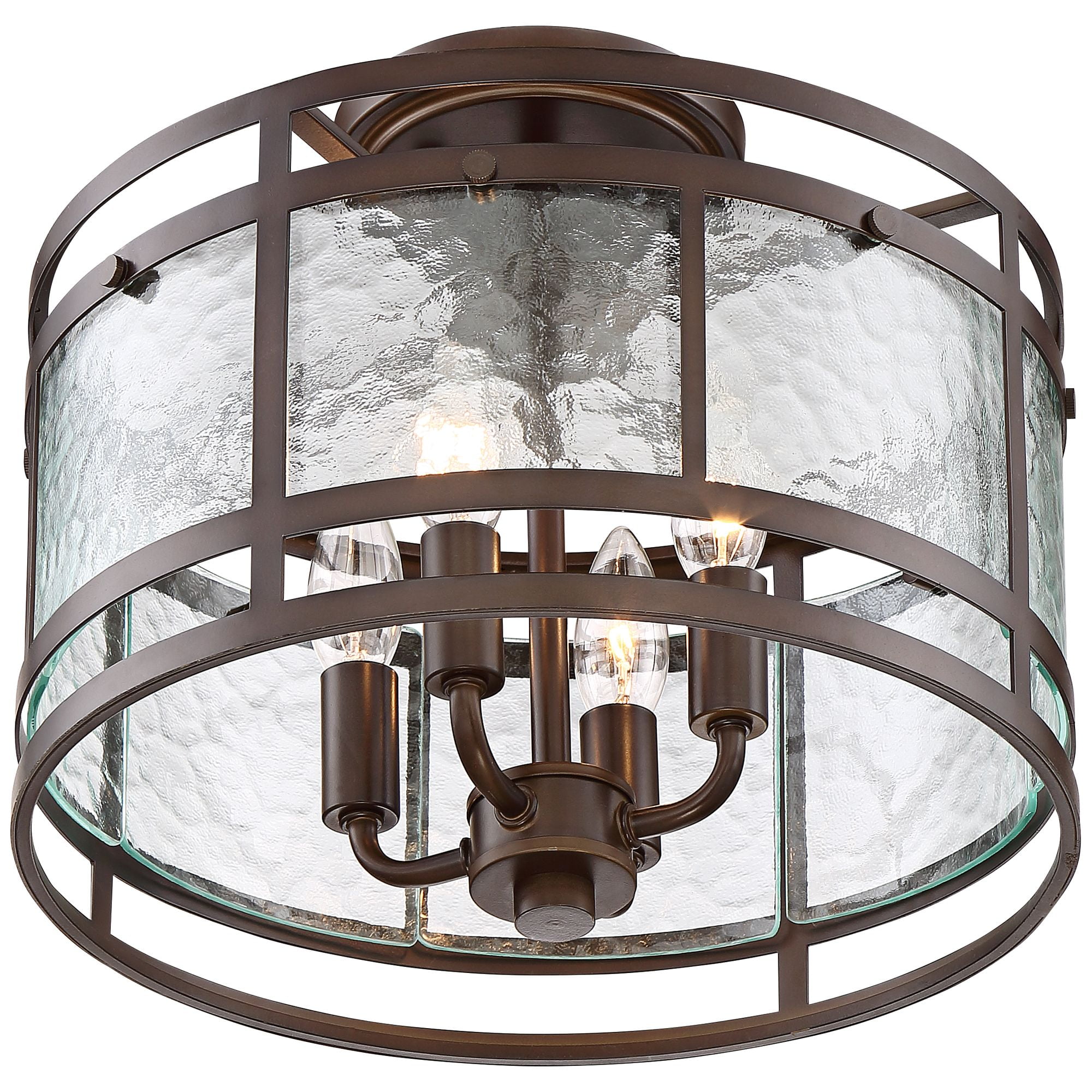Franklin Iron Works Elwood Modern Ceiling Light Semi Flush Mount Fixture 13 1/4" Wide Oil Rubbed Bronze 4-Light Water Glass Drum Shade for Bedroom
