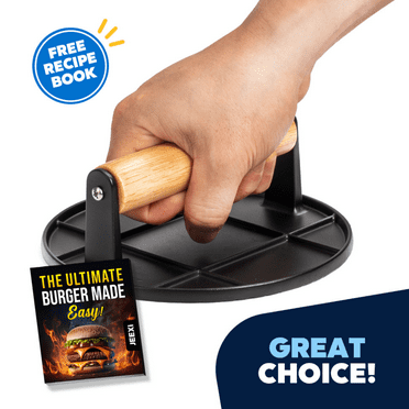 Premium Grill Press with Wooden Handle – Ultimate Burger, Bacon, and Meat Smasher for BBQ, Griddle, and Skillet – Non-Stick, Heat Retaining, and Ergonomic Presser Design by JEEXI Kitchen