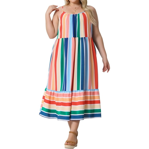 DARING DIVA Plus Size Sleeveless Bohemian Straps Cami Dress 1X Green Pink