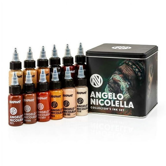 Radiant Colors Angelo Nicolella Portrait Tattoo Ink Set - Tattooing Inks Fluid Vegan Pigments 12 x 1/2oz Bottles