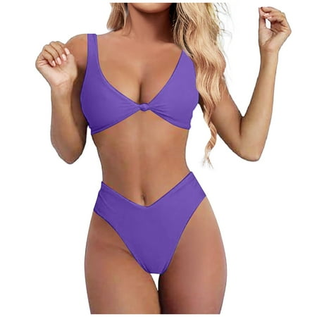 Lojoutye 2025 Bikini Set for Women Juniors Swimsuits Two Piece with Shorts Solid V Neck Knot Bathing Suits for Women Plus Front Push Up High Leg Thong Two Piece Plus Swim Skirt Swimsuit