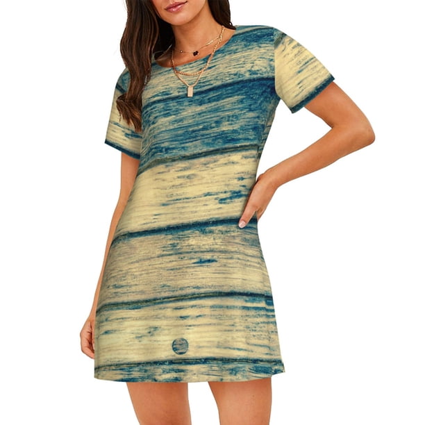 Disketp Retro Wooden para Camisón Corto de Manga Corta para Mujeres, Camisón Cómodo con Escote Redondo, Bonito y Confortable