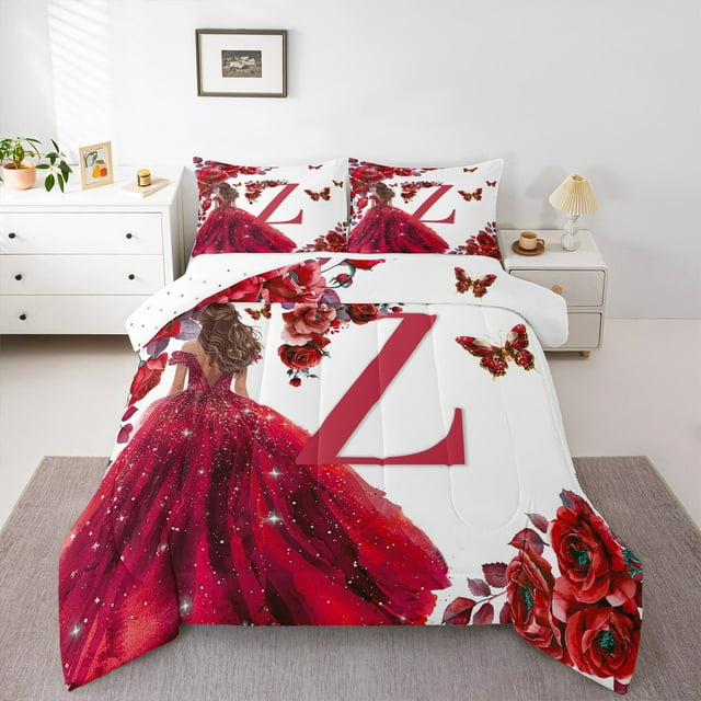 Erosebridal Ensemble de Literie Initiale Fleur Z, Ensemble de Couette Robe de Princesse Taille Simple, Couette Réversible Conte de Fées, Décoration de Chambre Ultra Douce, 2 Pcs