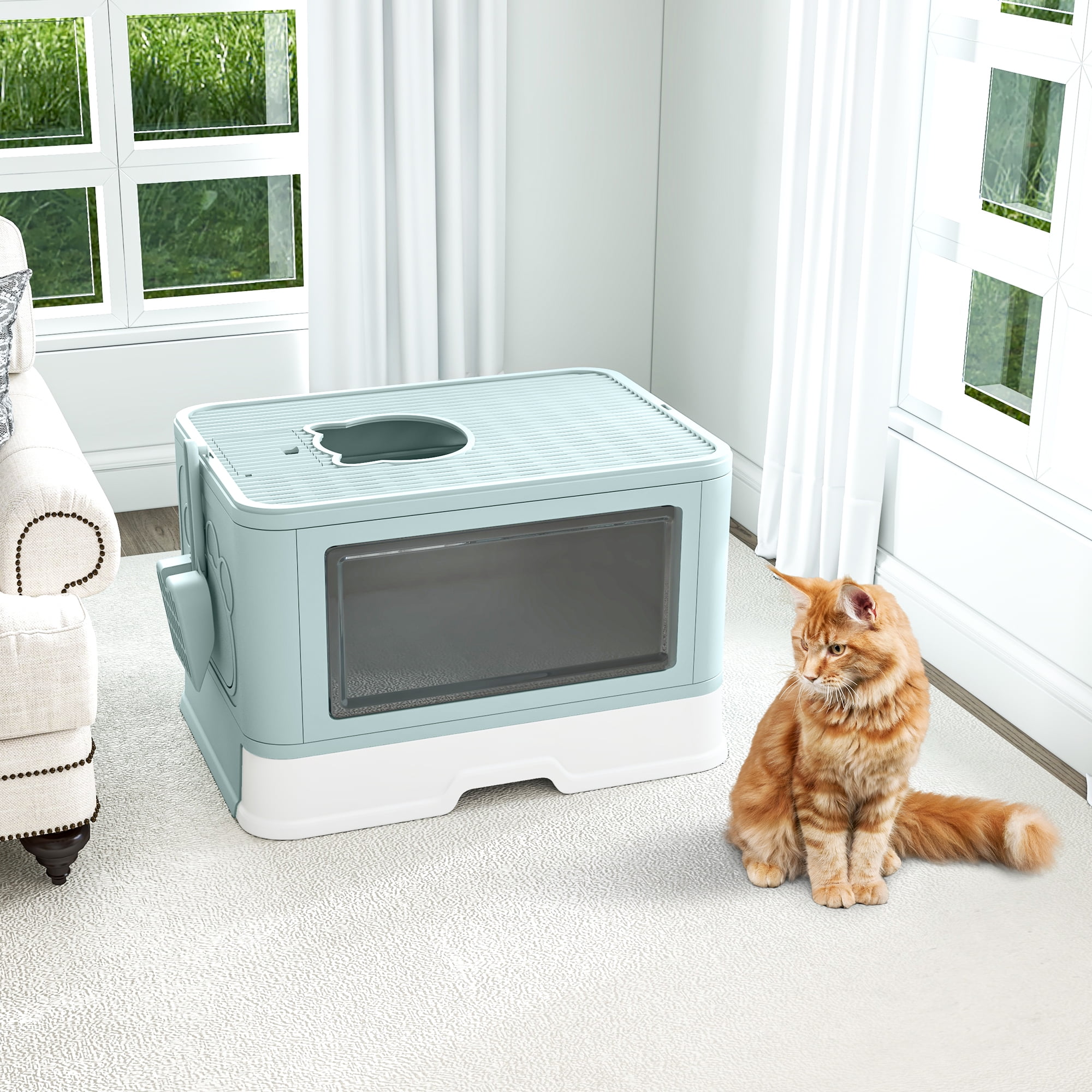 DEXTRUS Large Enclosed Cat Litter Box with Lid, Drawer Type, Easy to Clean, Includes Litter Scoop, Blue