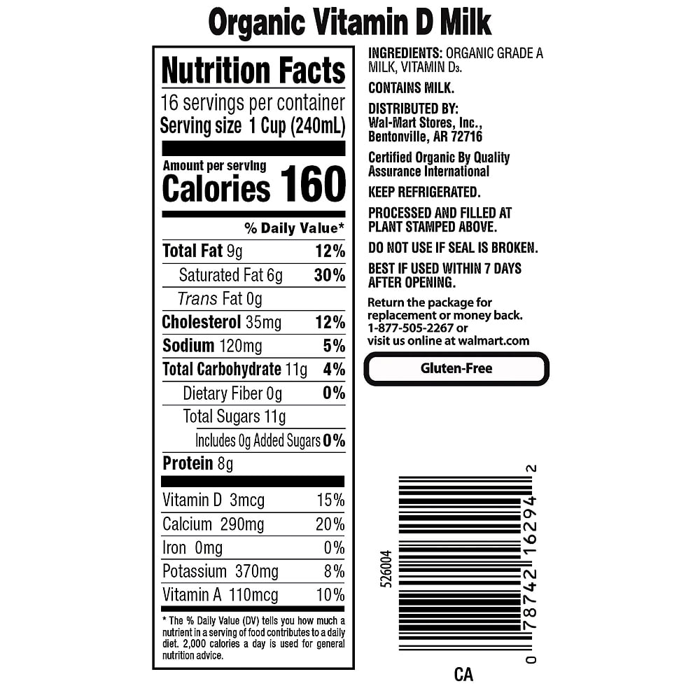 Great Value Organic Whole Unflavored Milk, 1 Gallon
