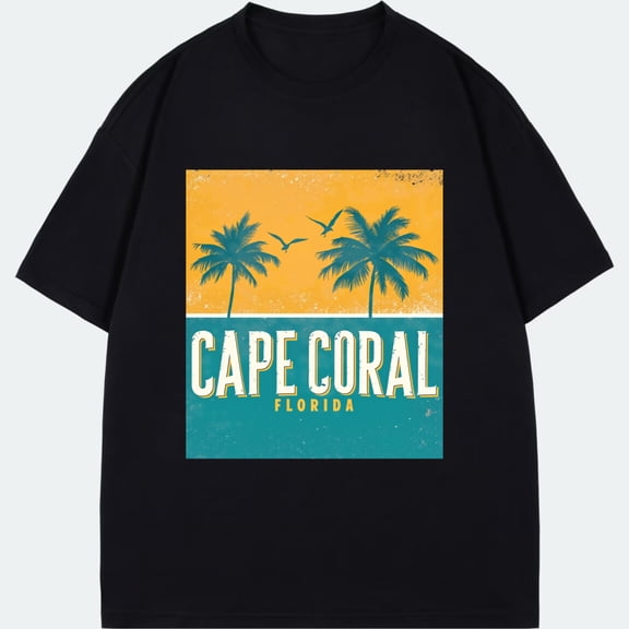 Cape Coral Florida Palm Tree Design Black T Shirt Summer Beach Vacation Wear
