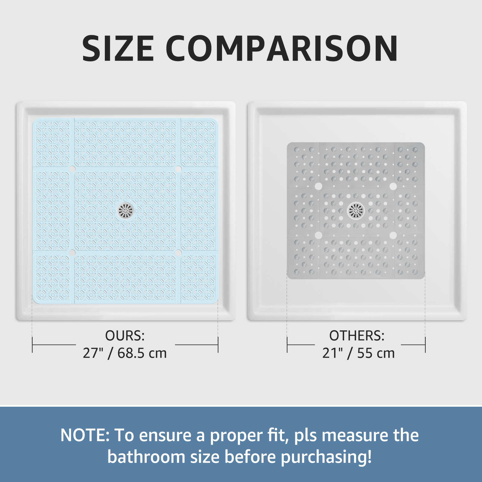Yolife 27" x 27" Square Shower Mat, Non-Slip TPE Bath Mat with Drain Hole & Suction Cups, Machine Washable Soft Floor Mat for Tub or Stall,Light Blue