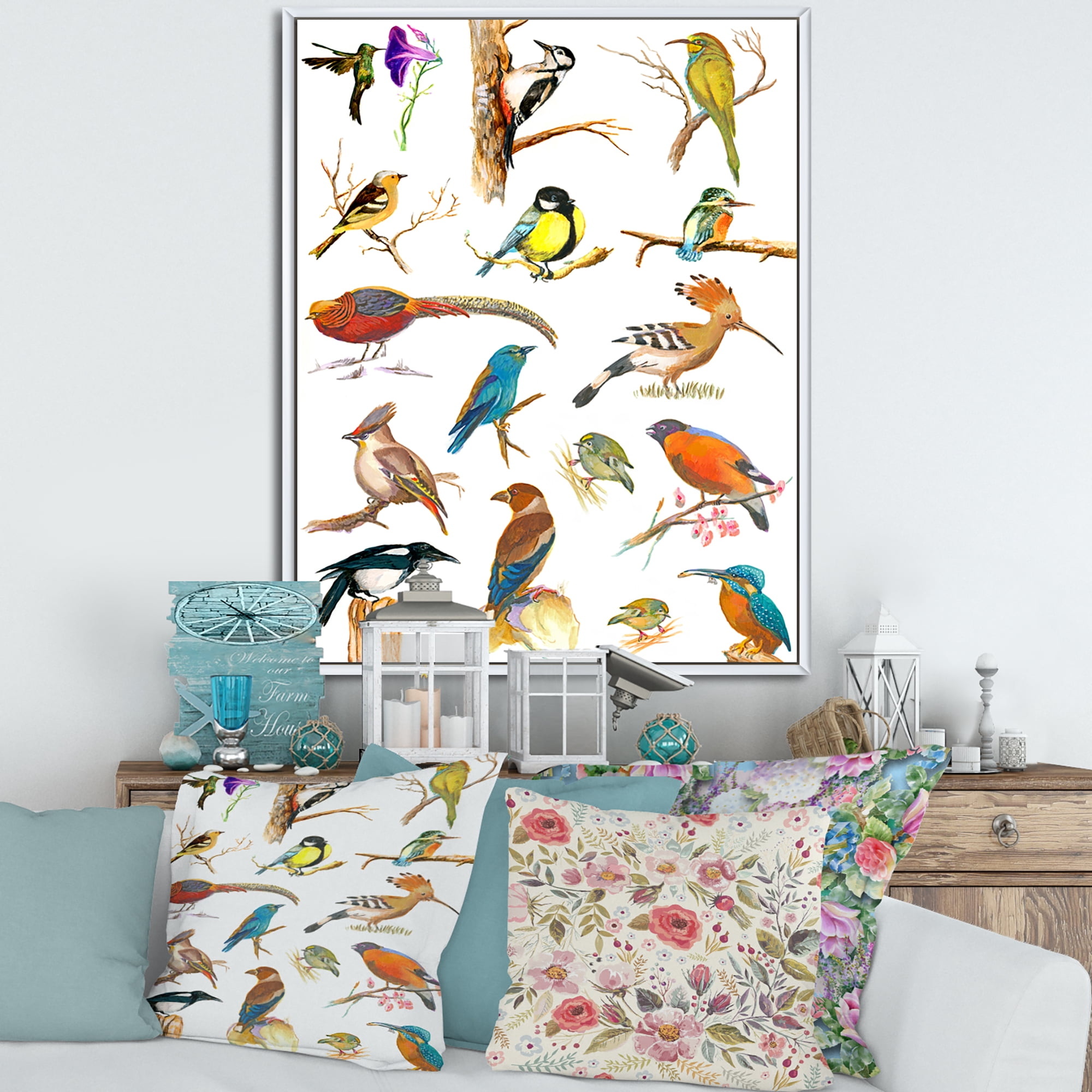 Vital Colored Birds Plancard 24 in x 32 in Framed Painting Canvas Art Print, by Designart