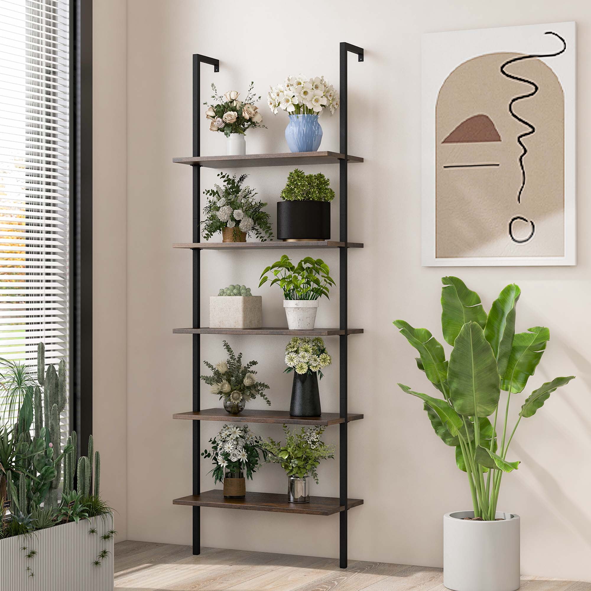 Costway 5 Tier Ladder Shelf 71'' Height Wall-Mounted Bookshelf Display Storage Organizer Brown