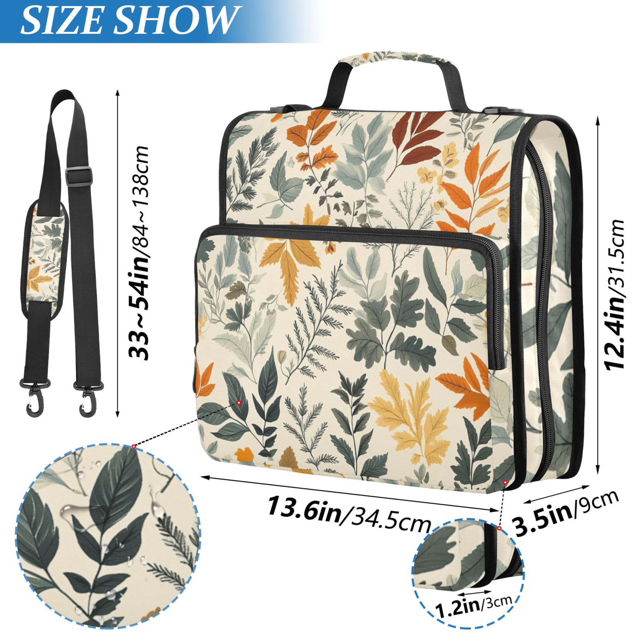 3 Ring Zipper Binder with Shoulder Strap Waterproof Trapper Keeper 2 Inch D-Ring 500 Sheets Capacity Autumn Leaves and Foliage