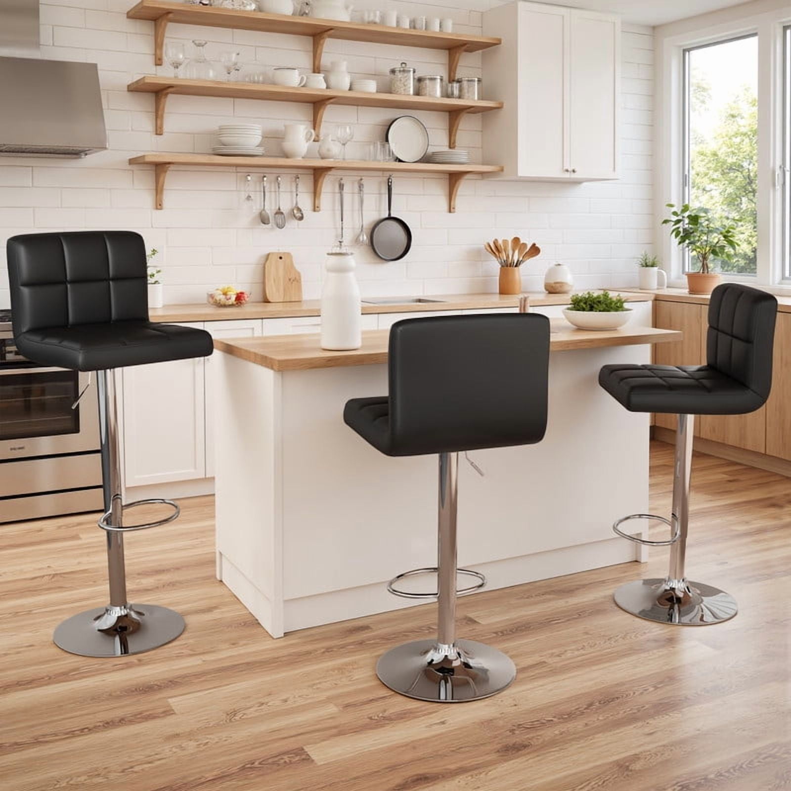 Homall Bar Stools Set of 2 Modern PU Leather Hydraulic Kitchen Counter Square Island Height Adjustable Swivel Barstool with Back, Black