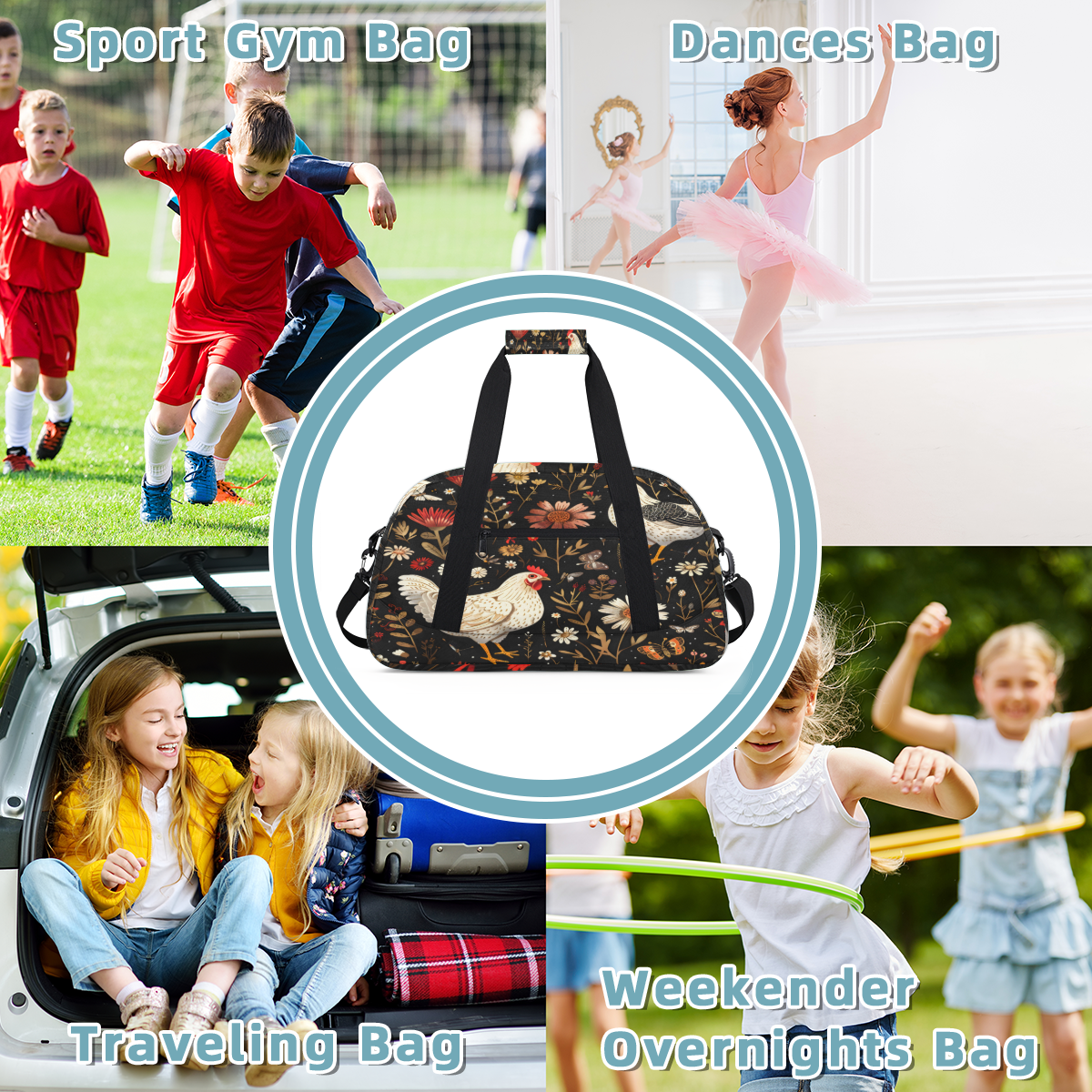 Herdesigns Sports Duffle Bags Travel Duffle Bag Gym Bag Farmhouse Floral Chicken Weekender Travel Bag Waterproof Overnight Bag Carry On Travel Tote Bag Dance Bags