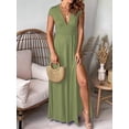 thumbnail image 4 of Women'S Deep V Neck Solid Color Pleated High Waist Slit Club Party Evening Long Maxi Dress Yellow-Green M, 4 of 7