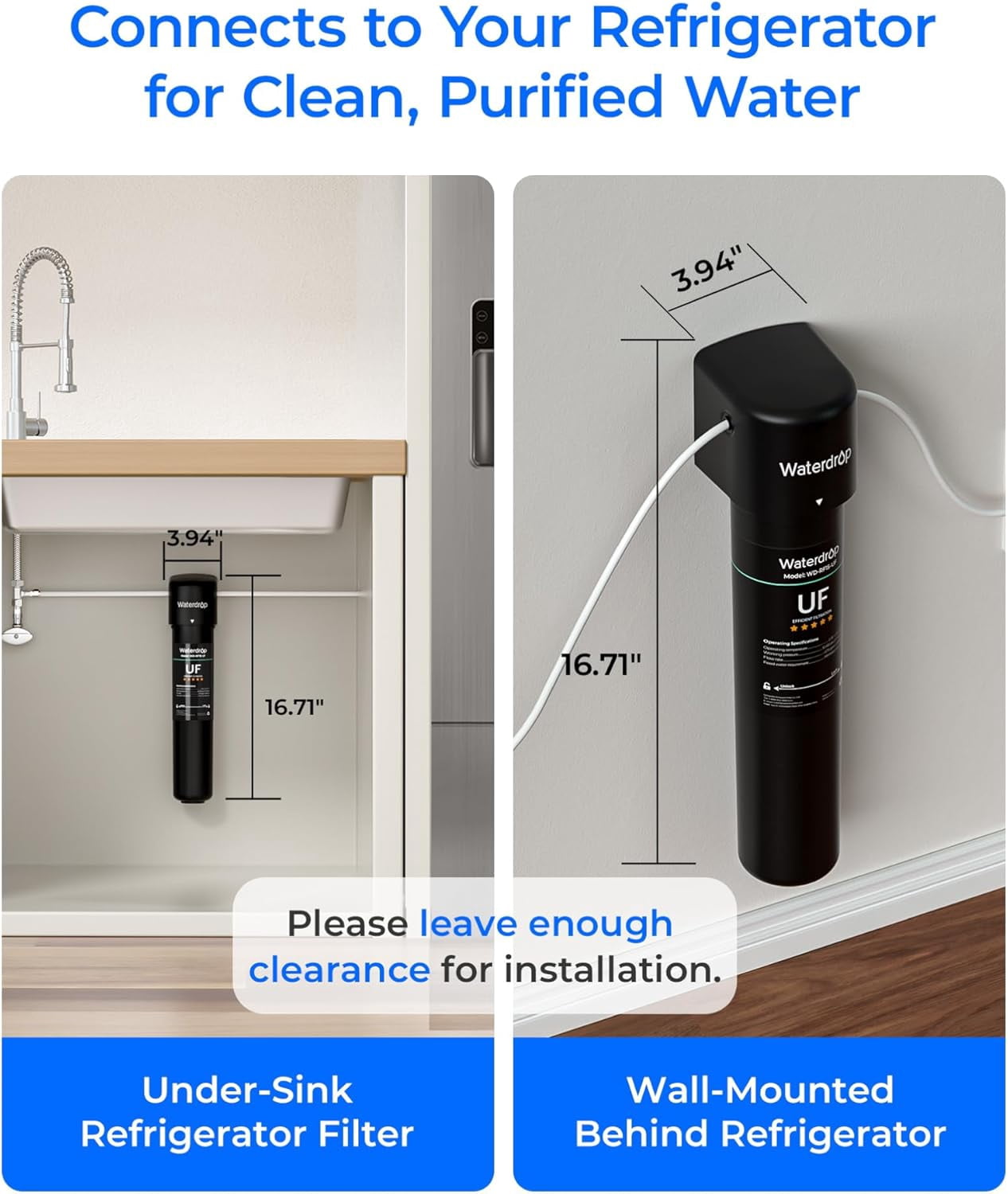 Waterdrop 15UC-UF Water Filter System, 0.01 μm Ultra Filtration for Baçtёria Reduction, NSF/ANSI 42 Certified, 1/4 inch Direct Connect to Refrigerators and Ice Makers, 16K Gallons Capacity, USA Tech