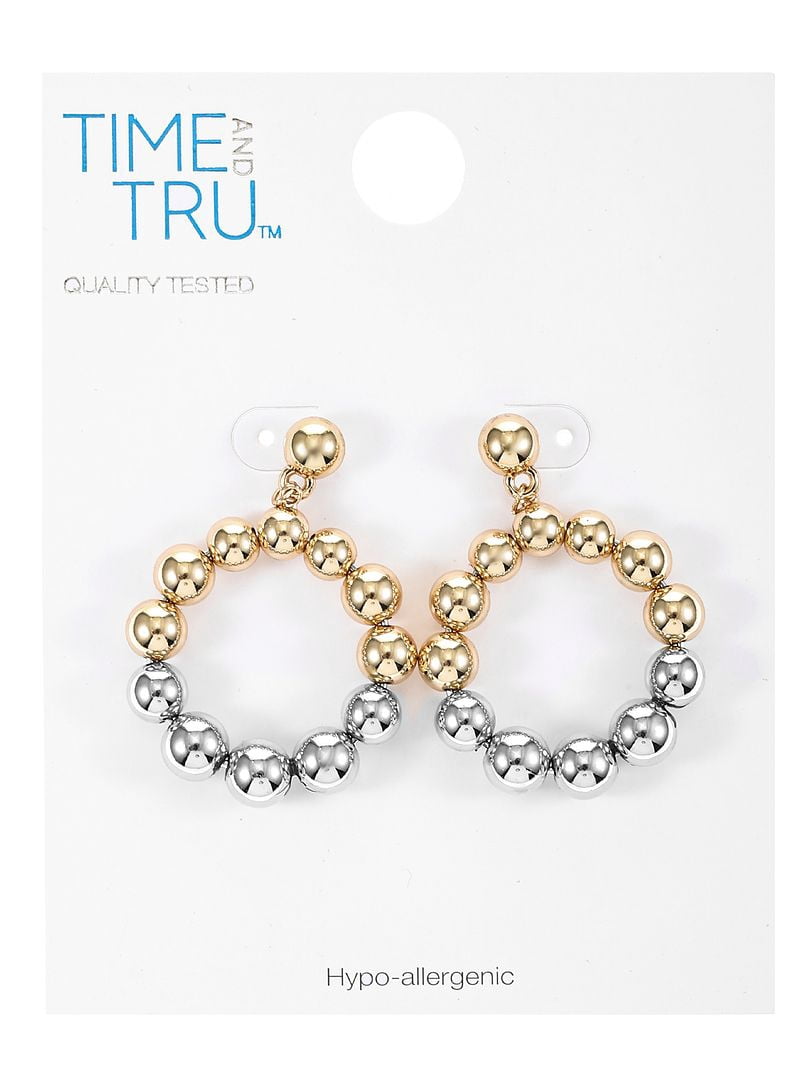 Time and Tru Goldtone Beaded Circle Drop Earring, Silver and Goldtone Metal, Female, 1 Pair of Earrings